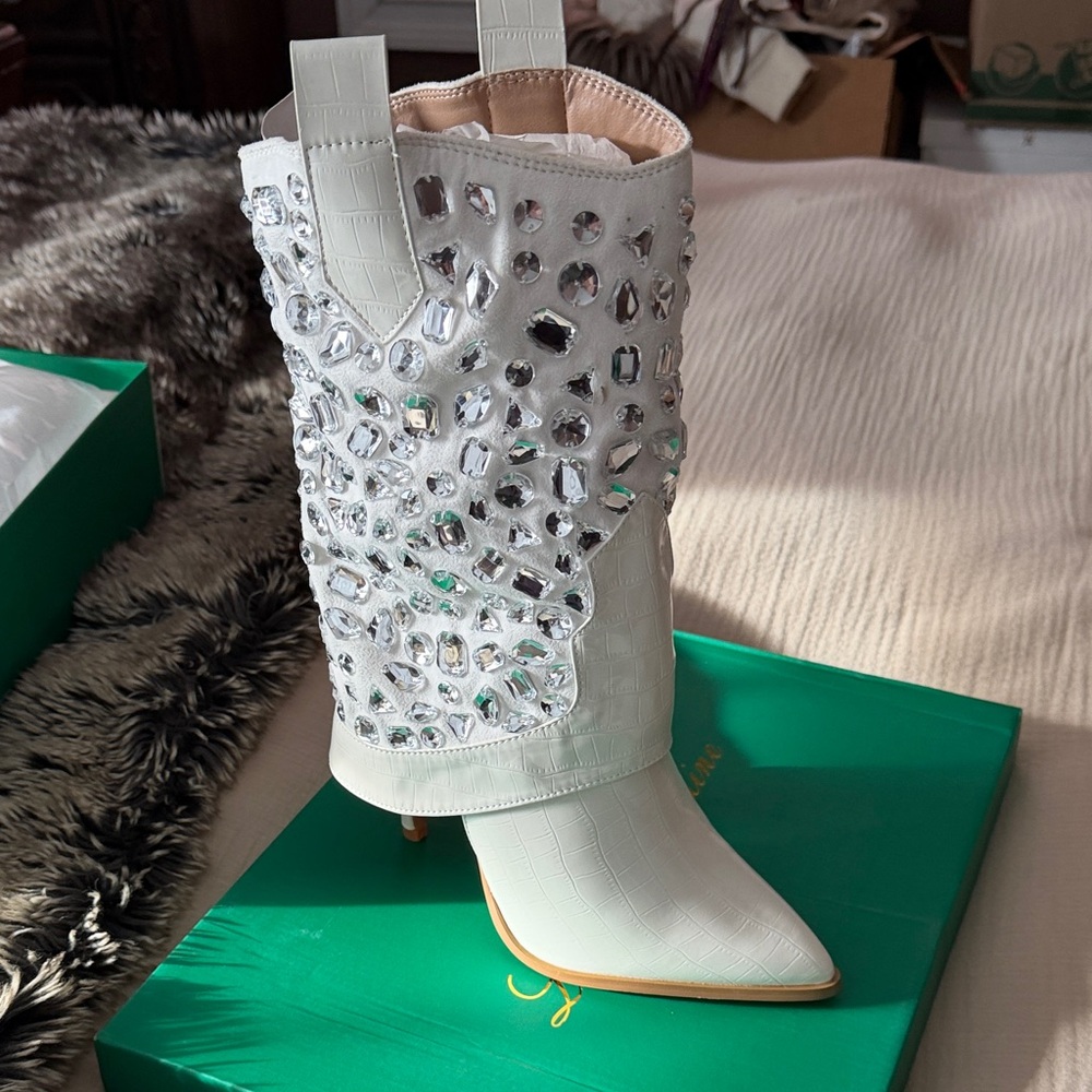 Lauren Lorraine White Crystal Heeled Boots